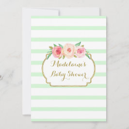 ミントストライプーフローラピンクの水色の赤ちゃんシャワー 招待状