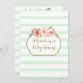 ミントストライプーフローラピンクの水色の赤ちゃんシャワー 招待状 (正面/裏面)