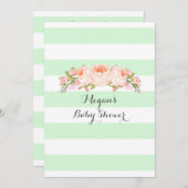 ミントストライプ水彩フローラベビーシャワー 招待状 (正面/裏面)