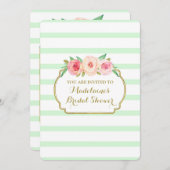 ミントストライプ金ゴールドピンクフローラブライダルシャワー 招待状 (正面/裏面)