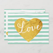 ミントストライプ金ゴールドフェイクハートかわいいガーリー ポストカード (正面/裏面)