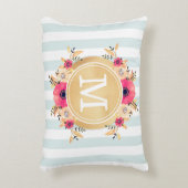 ミントストライプ金ゴールド水彩花モノグラム アクセントクッション (正面(垂直))