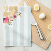 ミントストライプ金ゴールド水彩花モノグラム キッチンタオル (四つ折り)