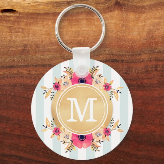 ミントストライプ金ゴールド水彩花モノグラム キーホルダー (正面)