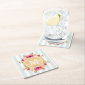 ミントストライプ金ゴールド水彩花モノグラム スクエアペーパーコースター (インサイチュ)