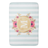 ミントストライプ金ゴールド水彩花モノグラム バスマット (正面縦)
