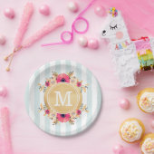 ミントストライプ金ゴールド水彩花モノグラム ペーパープレート (パーティー)