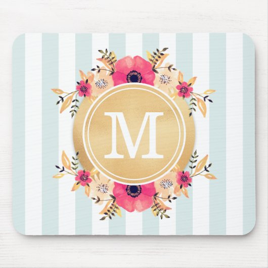 ミントストライプ金ゴールド水彩花モノグラム マウスパッド (正面)