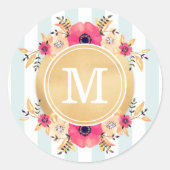 ミントストライプ金ゴールド水彩花モノグラム ラウンドシール (正面)