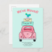 ミントスーツケースカーイラストレーション移動告知 案内ポストカード (正面/裏面)