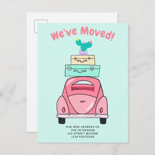 ミントスーツケースカーイラストレーション移動告知 案内ポストカード (正面/裏面)