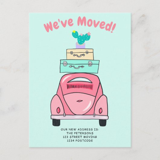 ミントスーツケースカーイラストレーション移動告知 案内ポストカード (正面)