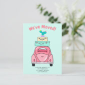 ミントスーツケースカーイラストレーション移動告知 案内ポストカード (スタンド正面)