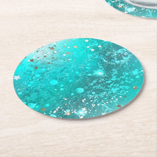 ミントターコイズフォイルの背景 ラウンドペーパーコースター (アングル)