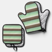 ミントチョコレートチップカラーブロックストライプ製品 鍋つかみ&鍋敷きセット (正面/裏面)
