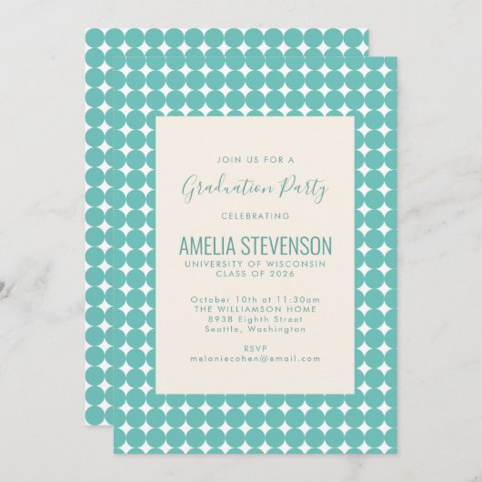 ミントティール(緑がかった色)幾何学ドットパターン卒業パーティー 招待状 (正面/裏面)