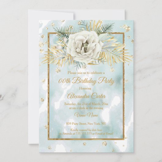 ミントティール(緑がかった色)金ゴールド大理石バラフローラバースデーパーティー 招待状 (正面)