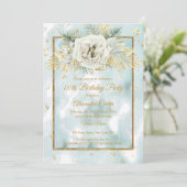 ミントティール（緑がかった色）金ゴールド大理石バラフローラバースデーパーティー 招待状 (スタンド正面)