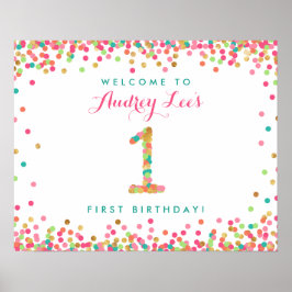 ミントティール（緑がかった色）金ゴールド1歳の誕生日パーティーウェルカム ポスター