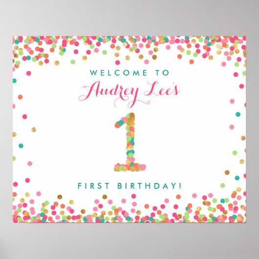 ミントティール(緑がかった色)金ゴールド1歳の誕生日パーティーウェルカム ポスター (正面)