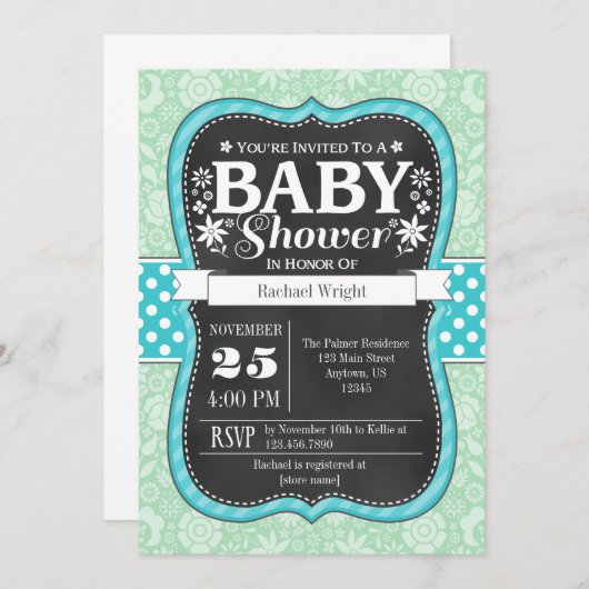 ミントティール（緑がかった色）黒板フローラベビーシャワー招待状 招待状 (正面/裏面)