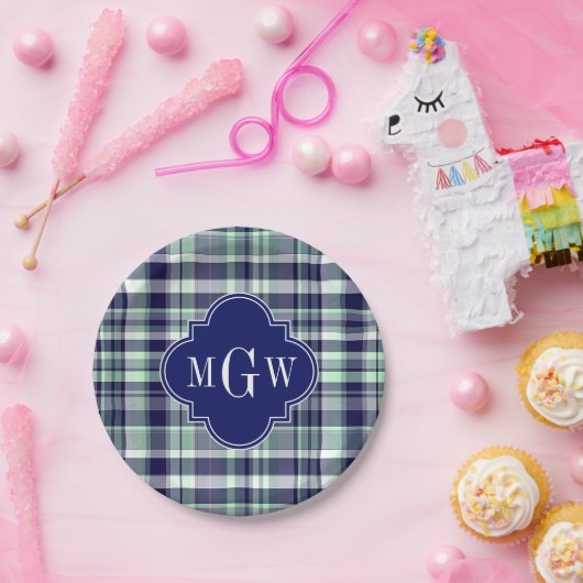 ミントネイビーホワイトマ名門私立校風のドラスクローバーモノグラム ペーパープレート (パーティー)