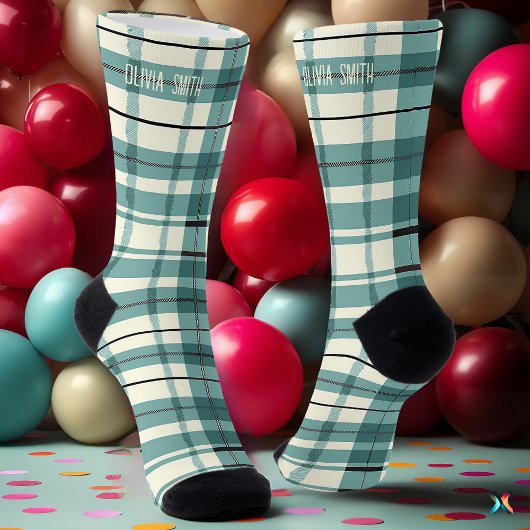 ミントパーソナライズされたグリーンアンドクリームタータンチェックプレイド ソックス