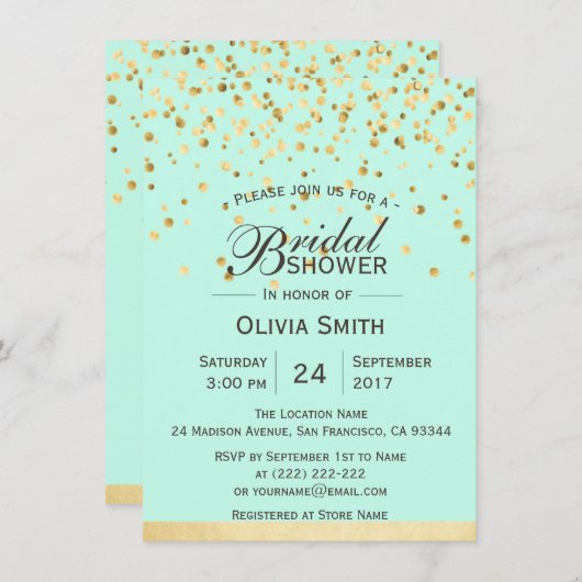 ミントパーソナライズされたグリーン金ゴールドブライダルシャワー招待状 招待状 (正面/裏面)