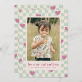 ミントパープルチェッカーボードハートバレンタインカード 招待状 (正面/裏面)