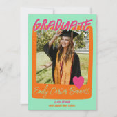 ミントピンクとオレンジの写真卒業パーティー 招待状 (正面)