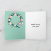 ミントピンクのクリスマスオーナメントのリース カード (内部)