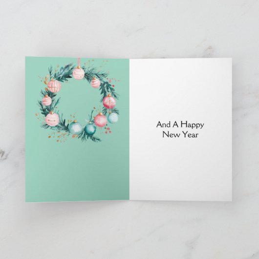ミントピンクのクリスマスオーナメントのリース カード (内部)
