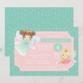 ミントピンクのフェアリープリンセス誕生日パーティー招待状 招待状 (正面/裏面)