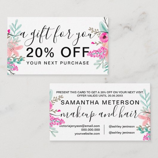 ミントピンクのフローラの水色の花束ギフト割引 割引カード (正面/裏面)