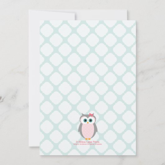 ミントピンクの女の子のためのフクロウベビーシャワー招待状 招待状 (裏面)