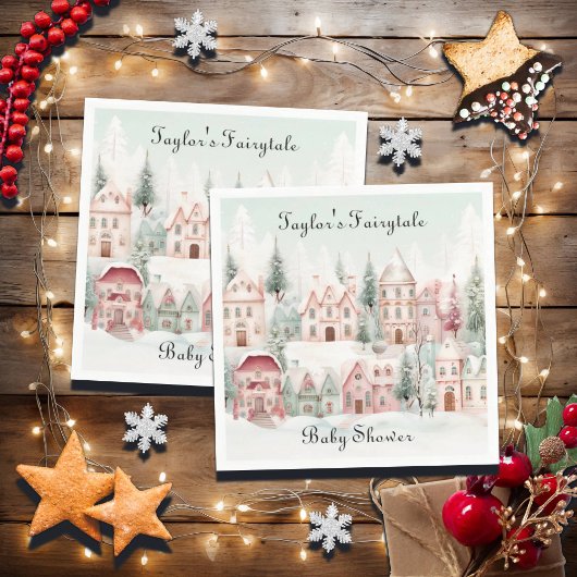 ミントピンクの水の色の冬のおとぎ話の赤ちゃんシャワー スタンダードカクテルナプキン