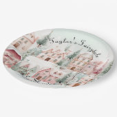 ミントピンクの水の色の冬のおとぎ話の赤ちゃんシャワー ペーパープレート (アングル)