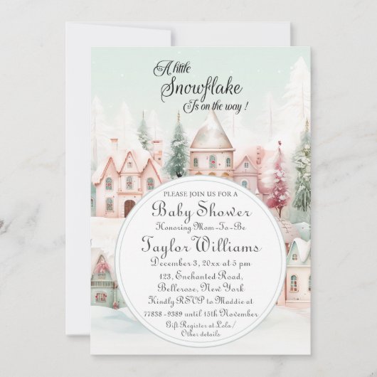 ミントピンクの水の色の冬のおとぎ話の赤ちゃんシャワー 招待状 (正面)