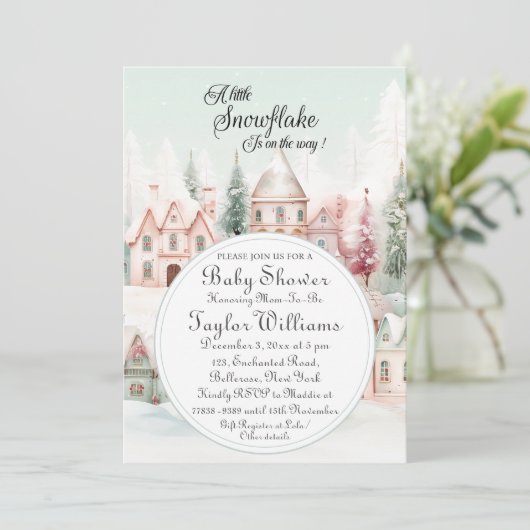 ミントピンクの水の色の冬のおとぎ話の赤ちゃんシャワー 招待状 (スタンド正面)
