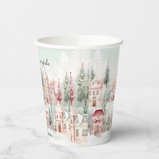 ミントピンクの水の色の冬のおとぎ話の赤ちゃんシャワー 紙コップ (左)