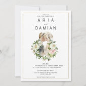 ミントピンクの白いフローラカップルの写真結婚の写真 招待状 (正面)