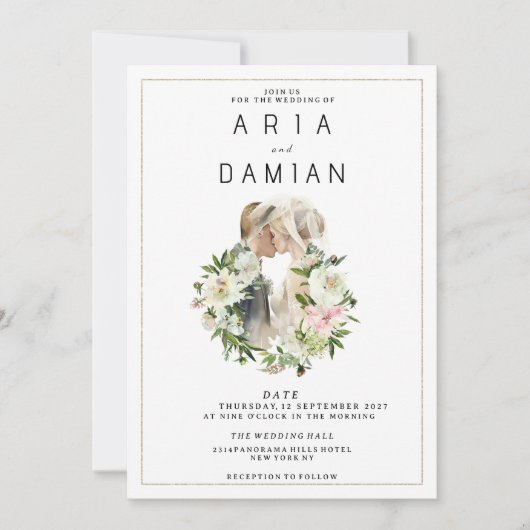 ミントピンクの白いフローラカップルの写真結婚の写真 招待状 (正面)