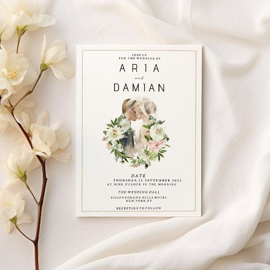 ミントピンクの白いフローラカップルの写真結婚の写真 招待状