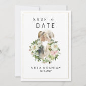 ミントピンクの白いフローラカップルの写真Save the Date 招待状 (正面)