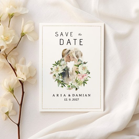 ミントピンクの白いフローラカップルの写真Save the Date 招待状
