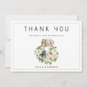 ミントピンクの白いフローラカップル写真ありがとう 招待状 (正面)
