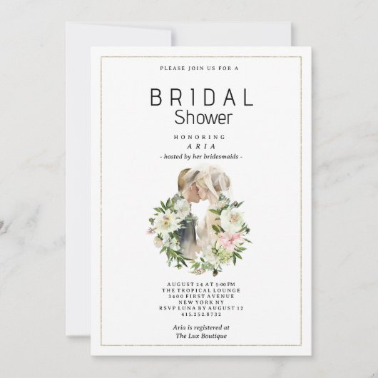ミントピンクの白いフローラカップル写真ブライダルシャワー 招待状 (正面)
