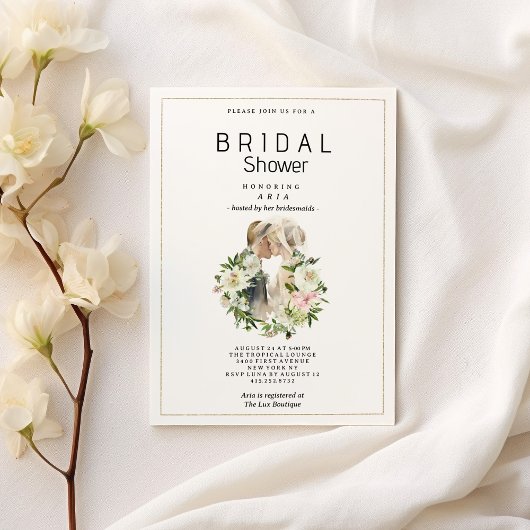 ミントピンクの白いフローラカップル写真ブライダルシャワー 招待状