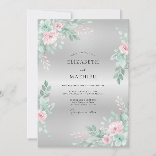 ミントピンクの花咲くウェディング 招待状 (正面)