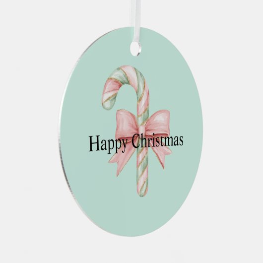 ミントピンクの金ゴールドキャンディーケーンボウクリスマス メタルオーナメント (正面右)